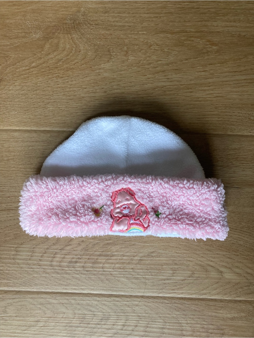 Care Bears Y2K Pink and White Plush Hat with Embroidered Bear & Flowers